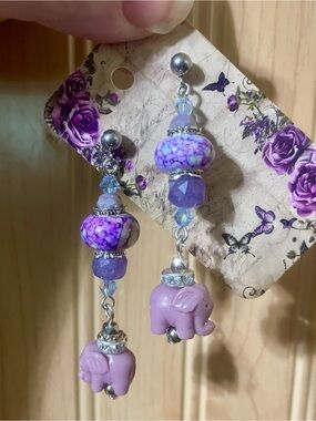Pink Elephant Dangle Earrings with Amethyst Beads & Rhinestones